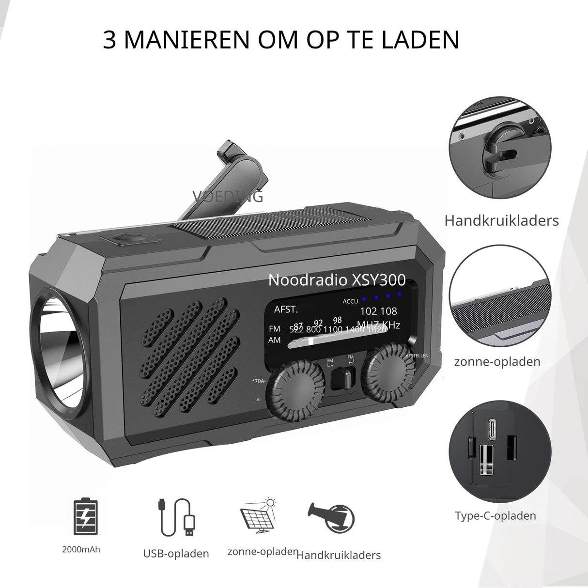 Noodradio XSY300 AM/FM & LED-zaklamp - 2.000mAh Powerbank – Solar & Opwindbaar