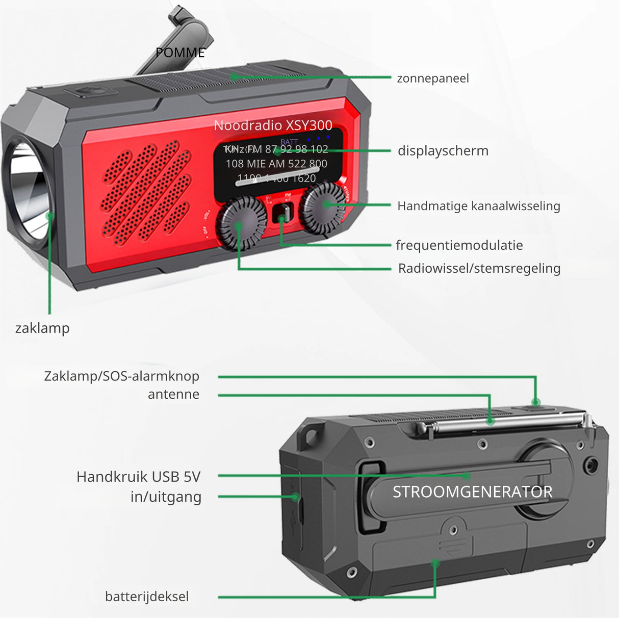 Noodradio XSY300 AM/FM & LED-zaklamp - 2.000mAh Powerbank – Solar & Opwindbaar