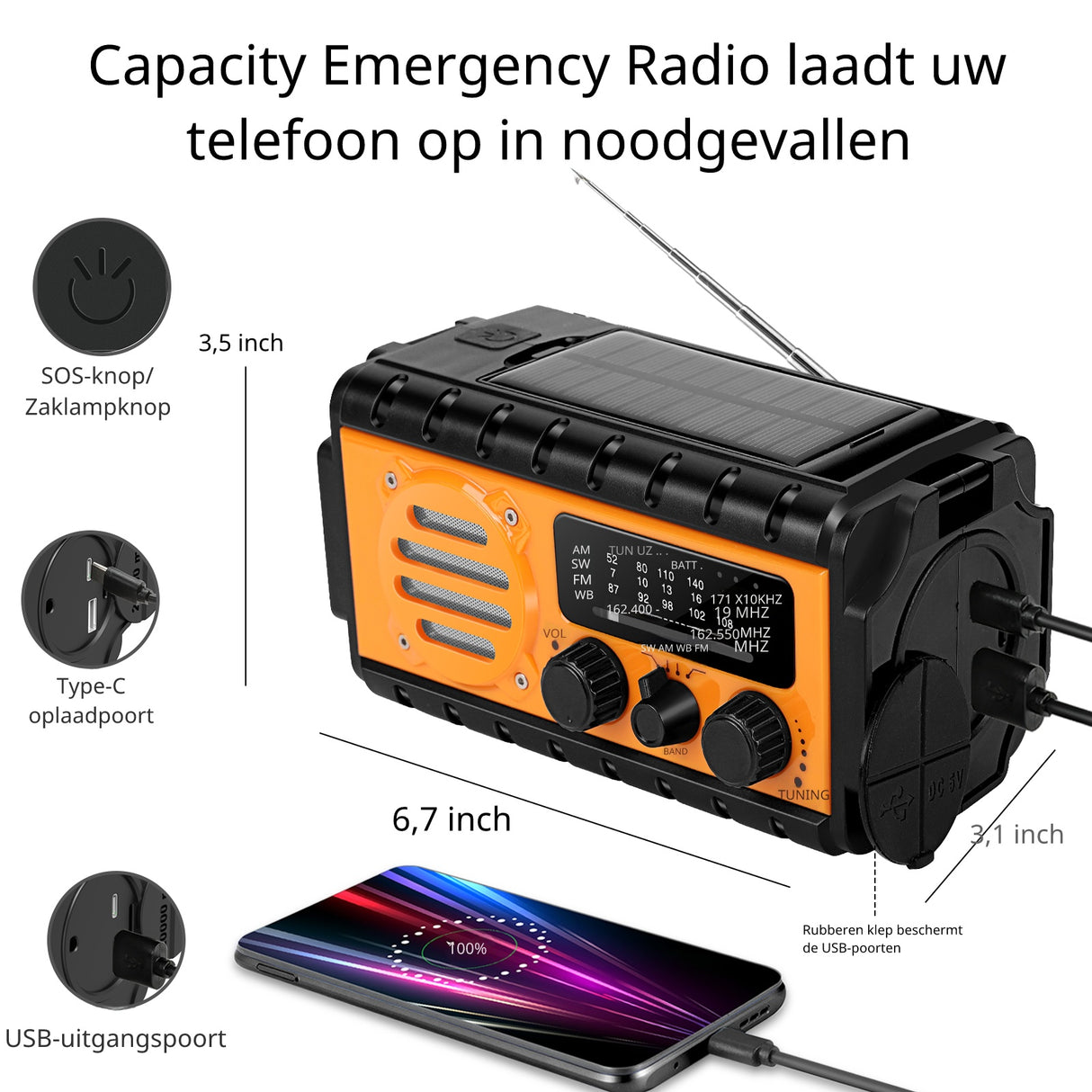 Noodradio XSY350 AM/FM/SW – 20.000mAh Powerbank – Solar, Dynamo, IPX6 & LED-zaklamp