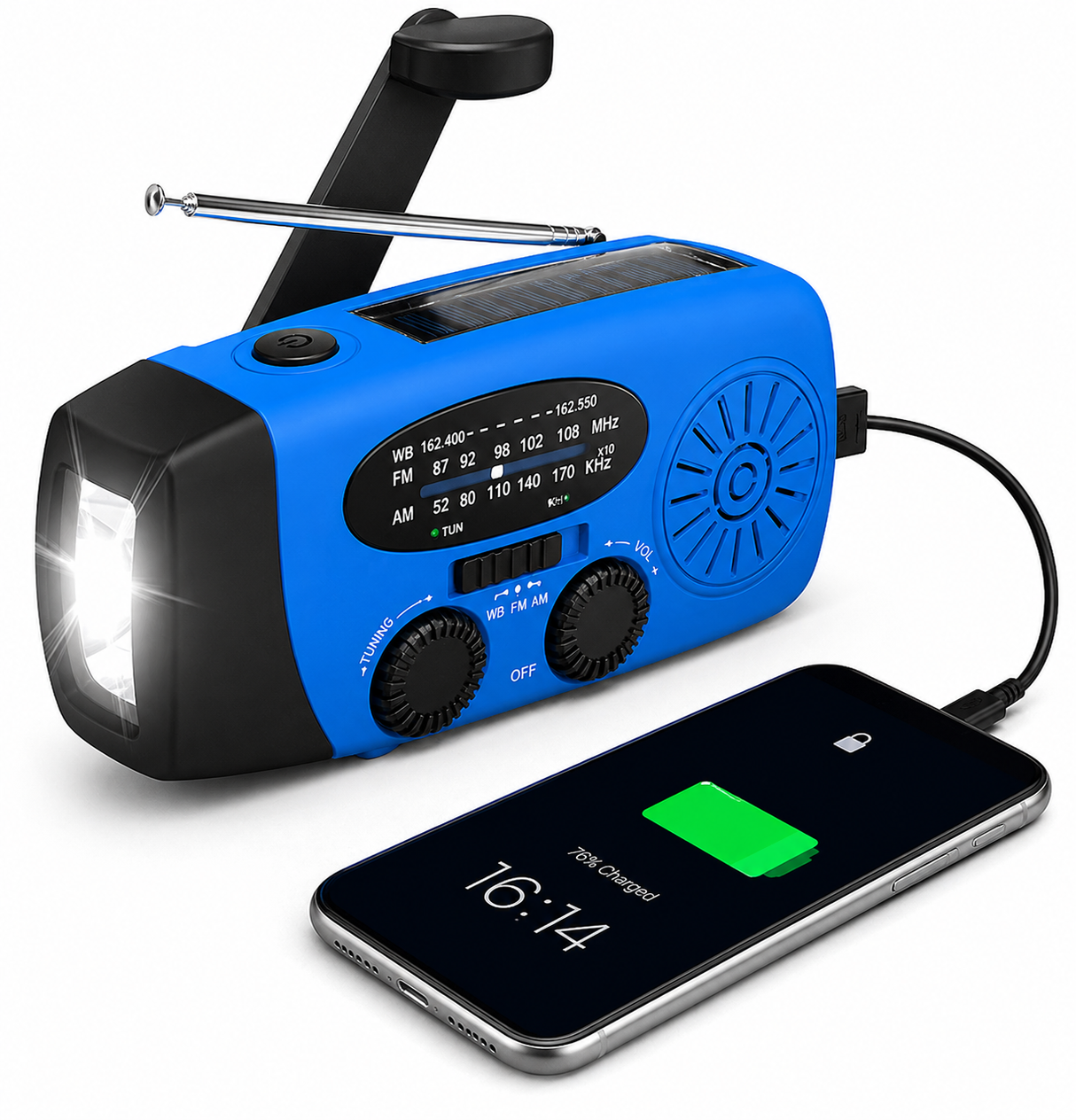 Starterversie Noodradio AM/FM – Compact 2.000mAh Powerbank– Solar, Dynamo & LED-zaklamp