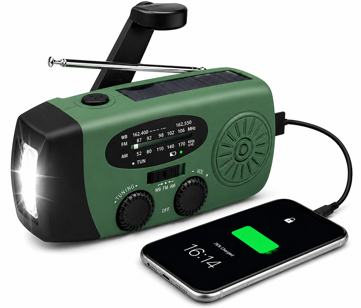 Starterversie Noodradio AM/FM – Compact 2.000mAh Powerbank– Solar, Dynamo & LED-zaklamp