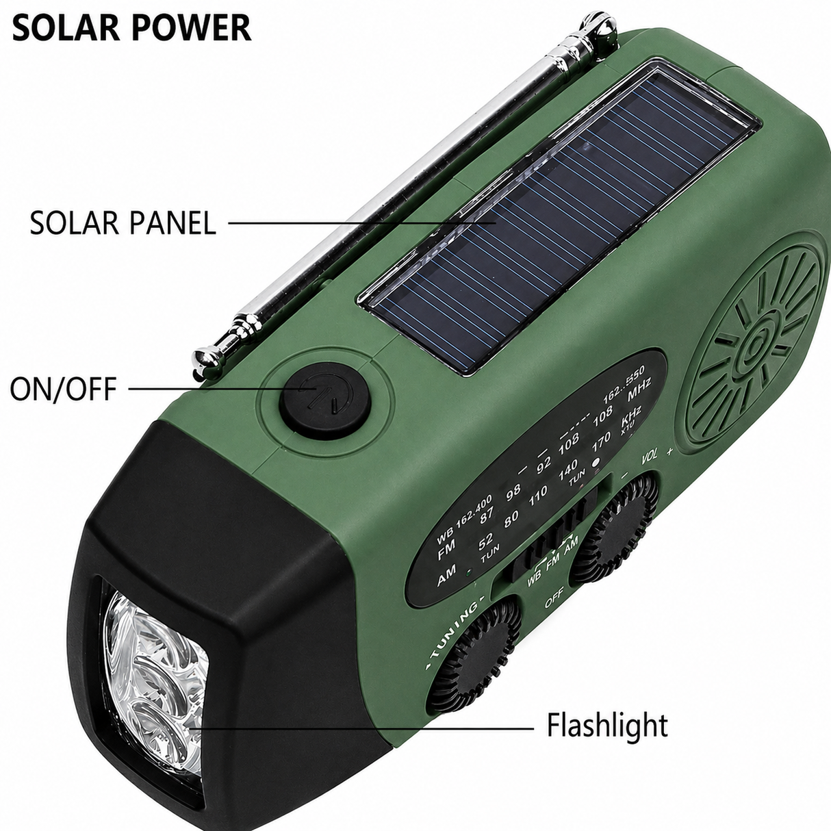 Starterversie Noodradio AM/FM – Compact 2.000mAh Powerbank– Solar, Dynamo & LED-zaklamp