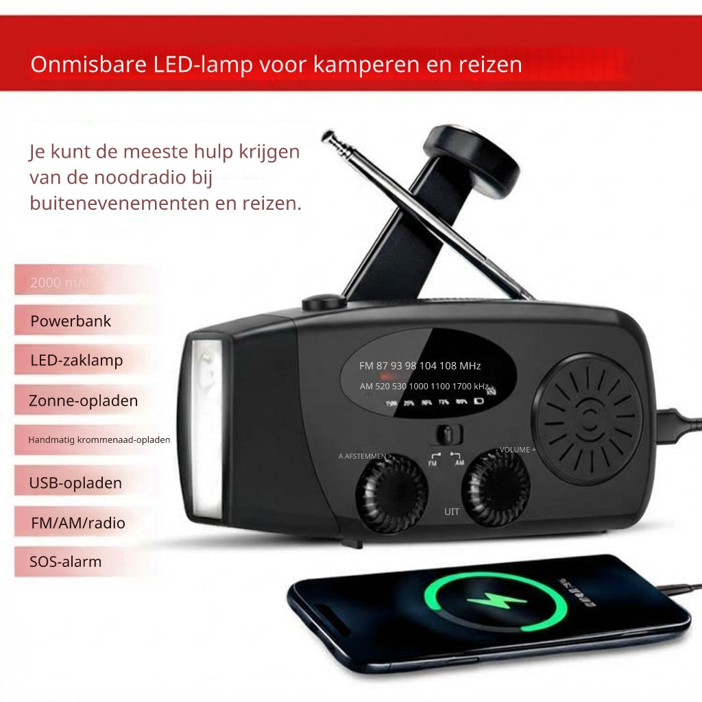 Starterversie Noodradio AM/FM – Compact 2.000mAh Powerbank– Solar, Dynamo & LED-zaklamp