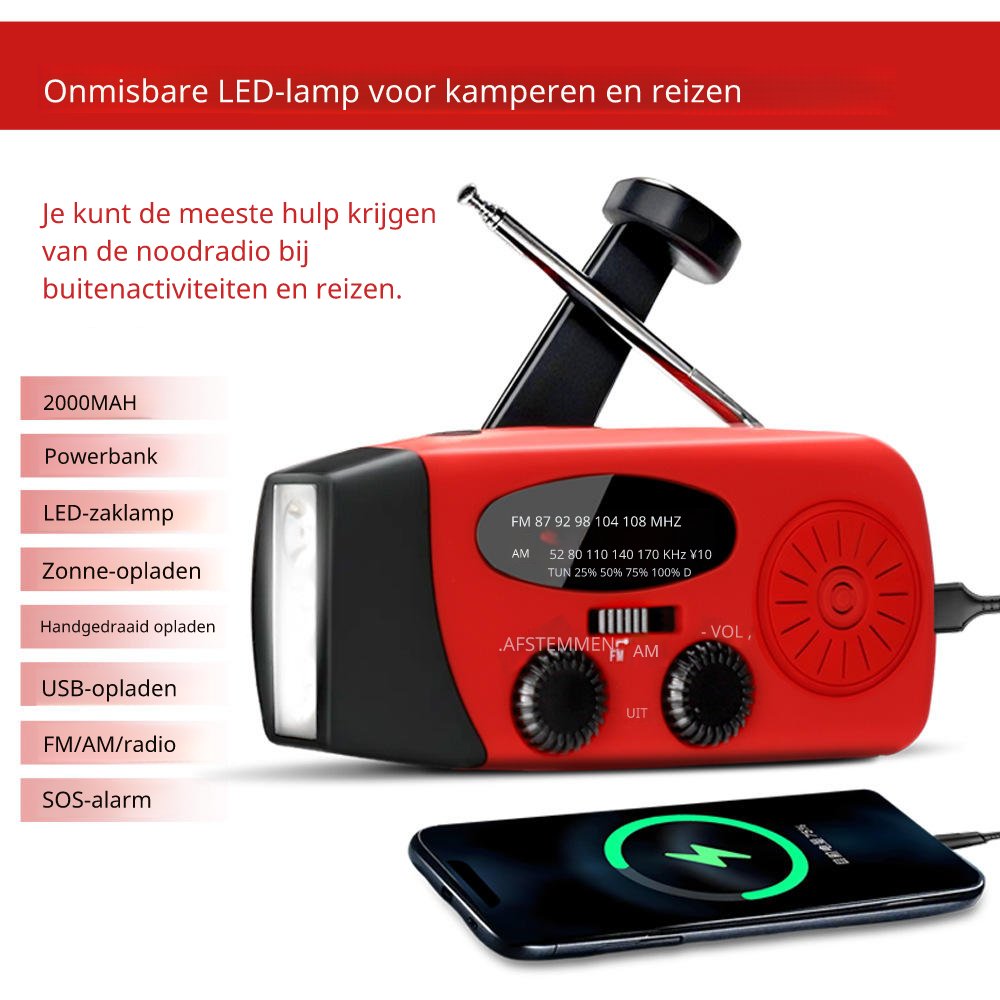 Starterversie Noodradio AM/FM – Compact 2.000mAh Powerbank– Solar, Dynamo & LED-zaklamp