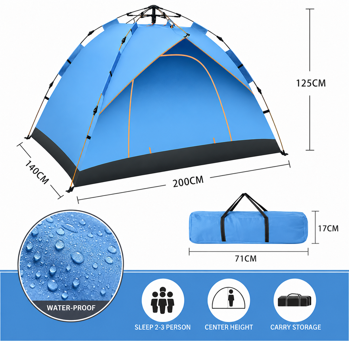 RezReady Kampeertent 1-2 volwassenen/kinderen – maat 200x140 cm  – Vierseizoen, Waterdicht & Snel te Openen
