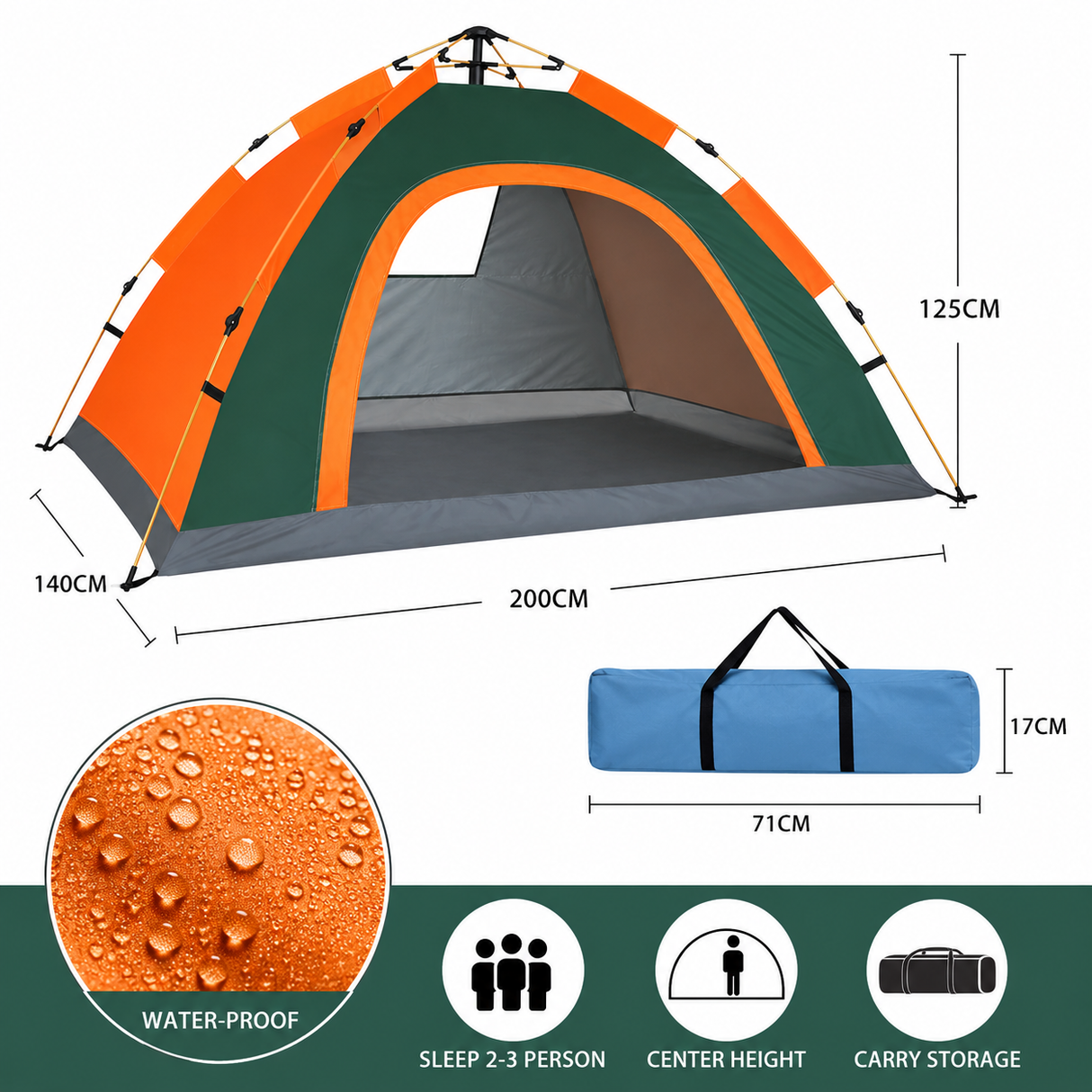 RezReady Kampeertent 1-2 volwassenen/kinderen – maat 200x140 cm  – Vierseizoen, Waterdicht & Snel te Openen