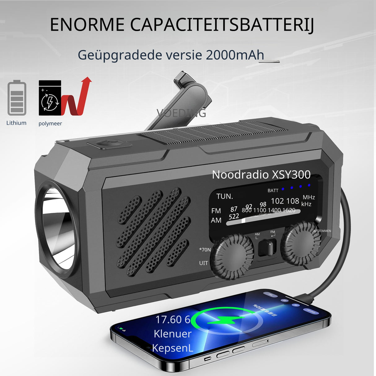 Noodradio XSY300 AM/FM & LED-zaklamp - 2.000mAh Powerbank – Solar & Opwindbaar