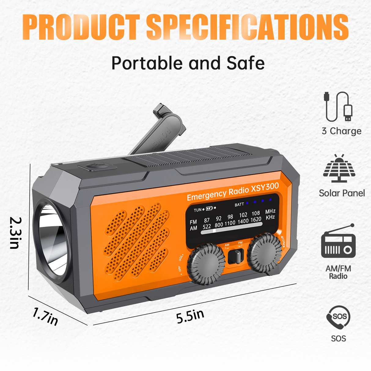 Noodradio XSY300 AM/FM & LED-zaklamp - 2.000mAh Powerbank – Solar & Opwindbaar