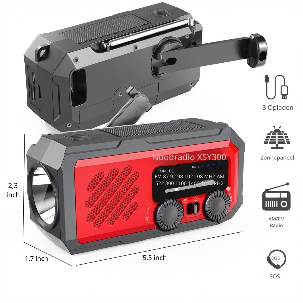 Noodradio XSY300 AM/FM & LED-zaklamp - 2.000mAh Powerbank – Solar & Opwindbaar