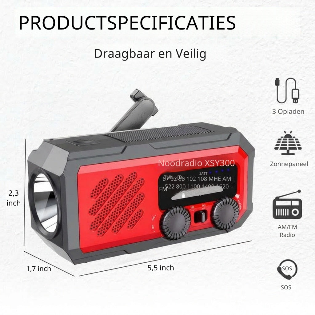 Noodradio XSY300 AM/FM & LED-zaklamp - 2.000mAh Powerbank – Solar & Opwindbaar