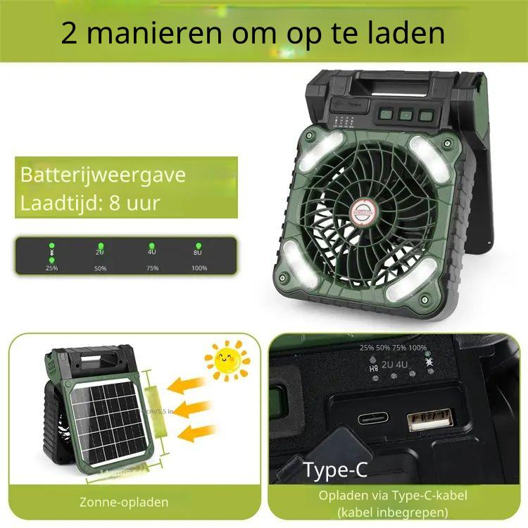 Campingventilator XSY99 – 5200mAh Solar, USB & LED-verlichting